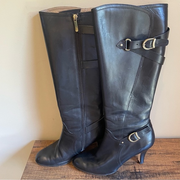 Anyi Lu Viktoria  Black Leather Knee High Tall Buckle Boots Size 39 1/2 EU Size9 - Picture 1 of 12